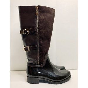 Brown Tall Boots Mid Calf Rubber & Faux Leather Women’s Fall Rain Boot Size 8.5